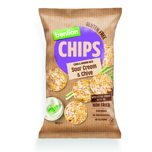 Benlian Rice Chips chipsy z kukuřice a hnědé rýže s příchutí zakysané smetana/pažitky 60 g - 