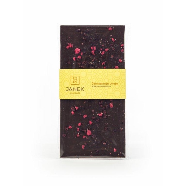 JANEK 64% Čokoláda tmavá s drcenou lyofilizovanou malinou a ostružinou 85g - 