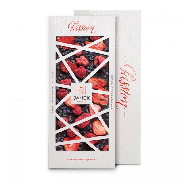 JANEK 72% Čokoláda tmavá  Passion (jahody, maliny,fialka) 120g - 