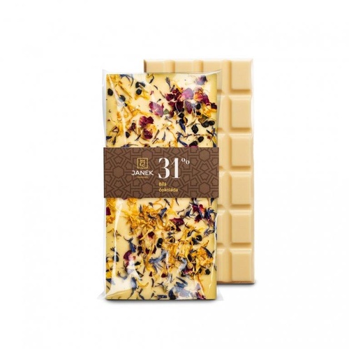 JANEK Bílá čokoláda bylinková - měsíček, bez černý, chrpa, růže 85 g