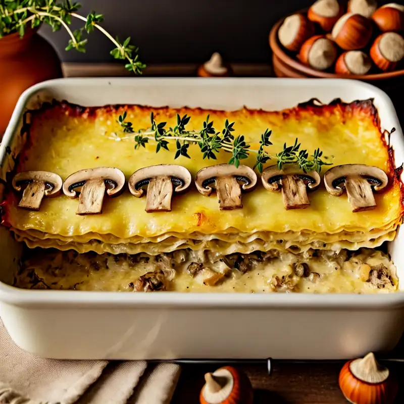 Lasagne s lískovými ořechy a houbami