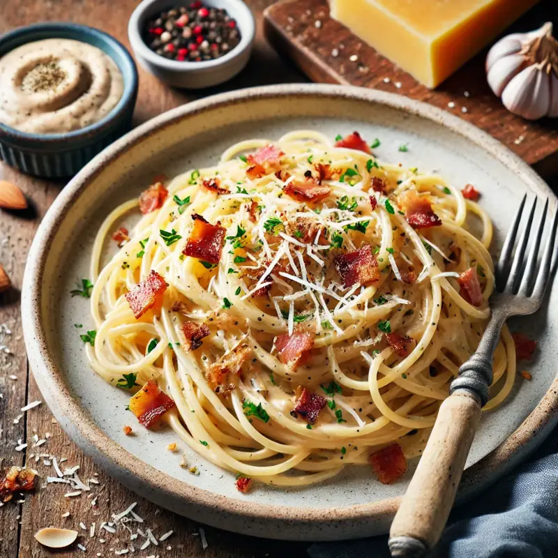 Špagety carbonara s mandlovou smetanou